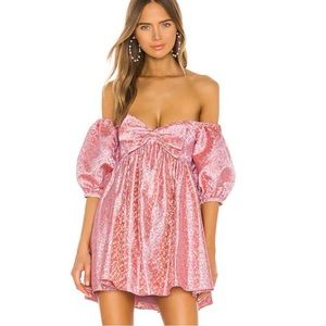 Revolve Sau Lee Arabella Mini Dress Candy Pink Gold Babydoll Puff Sleeves